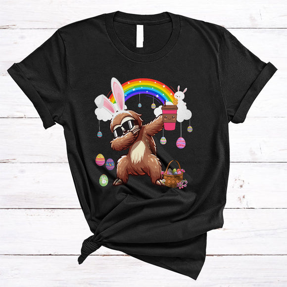 MacnyStore - Sloth Drinking Coffee, Wonderful Easter Day Coffee Lover Rainbow, Easter Eggs Hunt Group T-Shirt