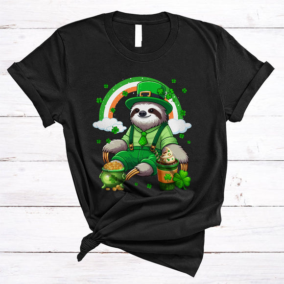 MacnyStore - Sloth Drinking Coffee, Wonderful St. Patrick's Day Coffee Lover Rainbow, Lucky Shamrock T-Shirt