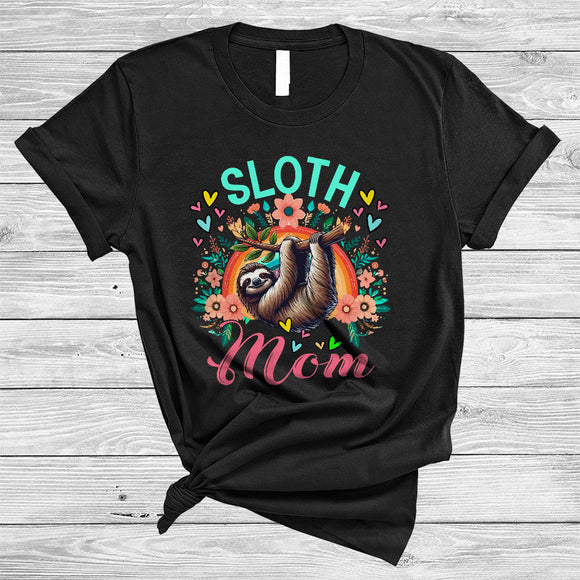 MacnyStore - Sloth Mom, Wonderful Mother's Day Flowers Rainbow, Wild Animal Zoo Keeper Family T-Shirt
