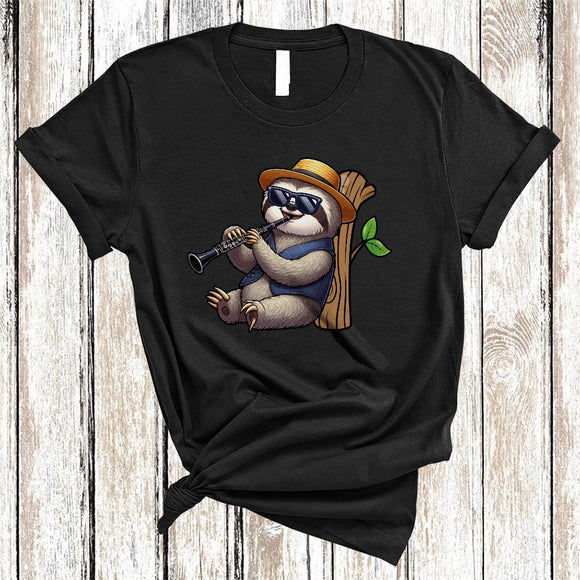 MacnyStore - Sloth Playing Clarinet, Lovely Sloth Sunglasses Animal Lover, Musical Instruments Player T-Shirt