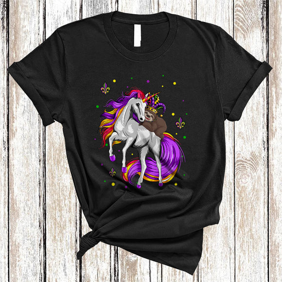 MacnyStore - Sloth Riding Unicorn, Joyful Mardi Gras Magical Unicorn Lover, Matching Parades Group T-Shirt
