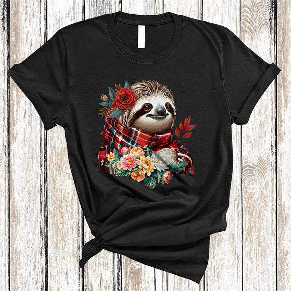 MacnyStore - Sloth Wearing Buffalo Red Plaid Scarf, Lovely Sloth Wild Animal Lover, Floral Flowers T-Shirt