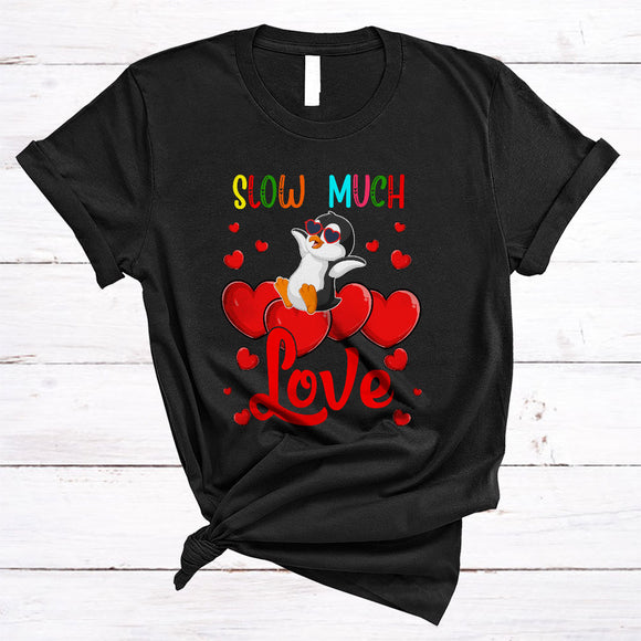 MacnyStore - Slow Much Love, Adorable Valentine's Day Penguin Wearing Sunglasses, Couple Hearts Animal T-Shirt