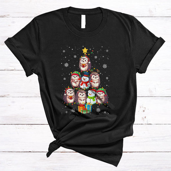 MacnyStore - Snowman And Hedgehog As Christmas Tree, Cheerful X-mas Lights Tree Snow, X-mas Animal Lover T-Shirt