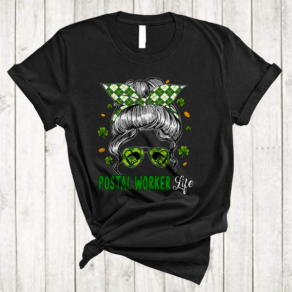 MacnyStore - Social Worker Life, Amazing St. Patrick's Day Bun Hair Woman Face Sunglasses, Lucky Shamrock T-Shirt