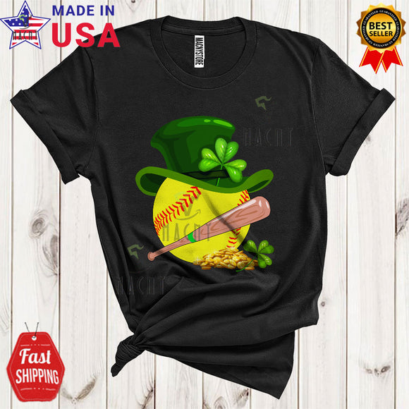 MacnyStore - Softball Equipment With Leprechaun Hat Cool Cute St. Patrick's Day Sport Player Playing Team T-Shirt
