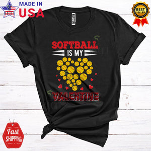 MacnyStore - Softball Is My Valentine Cute Cool Valentine's Day Softball Heart Shape Plaid Sport Player Team T-Shirt