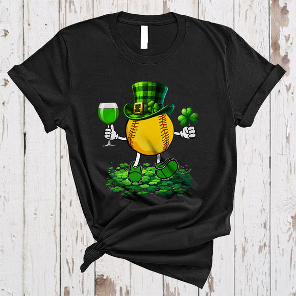 MacnyStore - Softball Leprechaun Drinking Wine, Funny Softball Sport Player Team, Drunker Group T-Shirt