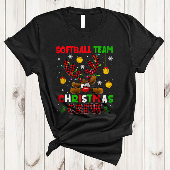 MacnyStore - Softball Team Christmas Crew, Cute Lovely Plaid Reindeer, Matching Softball X-mas Group T-Shirt