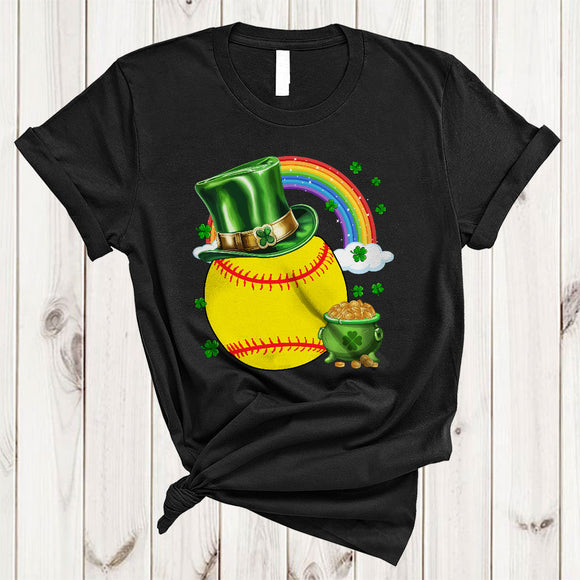 MacnyStore - Softball With Lucky Rainbow, Joyful St. Patrick's Day Irish Sport Player Team, Shamrocks Lover T-Shirt
