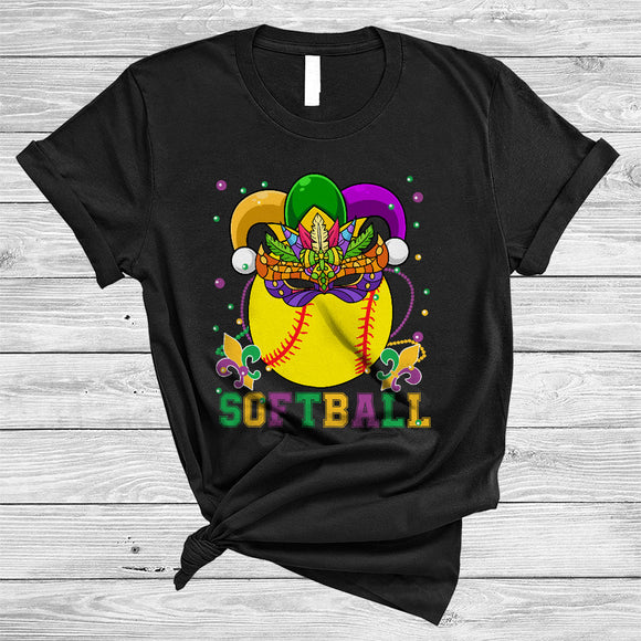 MacnyStore - Softball, Amazing Mardi Gras Softball Wearing Mask Jester Hat, Matching Sport Team Parades Group T-Shirt