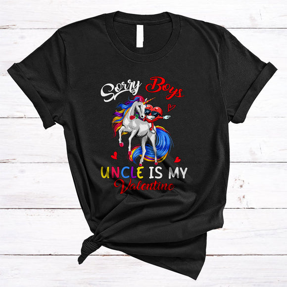 MacnyStore - Sorry Boys Uncle Is My Valentine, Wonderful Cute Dabbing Heart Riding Unicorn, Hearts Family T-Shirt