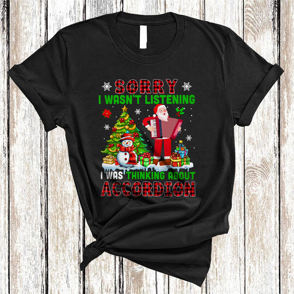 MacnyStore - Sorry I Was Thinking About Accordion, Cool Plaid Christmas Santa Playing Accordion, X-mas Tree T-Shirt
