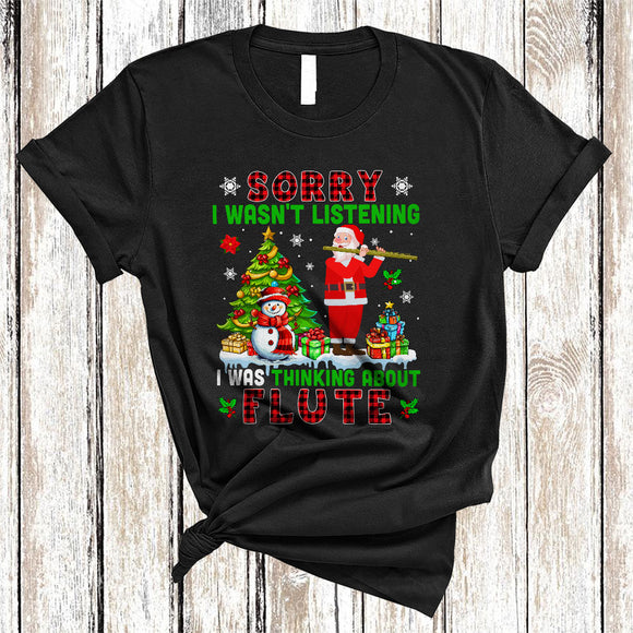 MacnyStore - Sorry I Was Thinking About Flute, Cool Plaid Christmas Santa Playing Flute, X-mas Tree T-Shirt