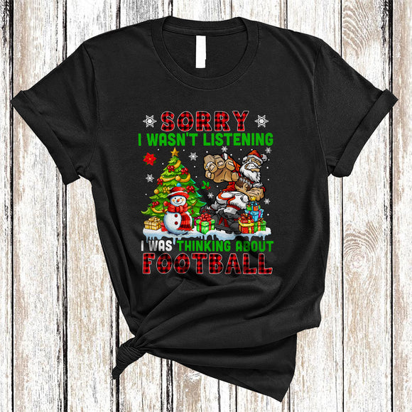 MacnyStore - Sorry I Was Thinking About Football, Cool Plaid Christmas Santa Playing Football, X-mas Tree T-Shirt
