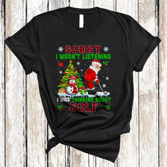 MacnyStore - Sorry I Was Thinking About Golf, Cool Plaid Christmas Santa Playing Golf, X-mas Tree T-Shirt