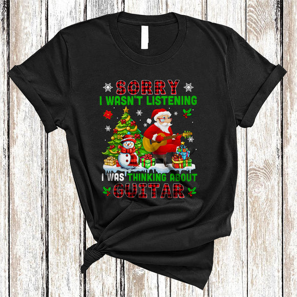 MacnyStore - Sorry I Was Thinking About Guitar, Cool Plaid Christmas Santa Playing Guitar, X-mas Tree T-Shirt