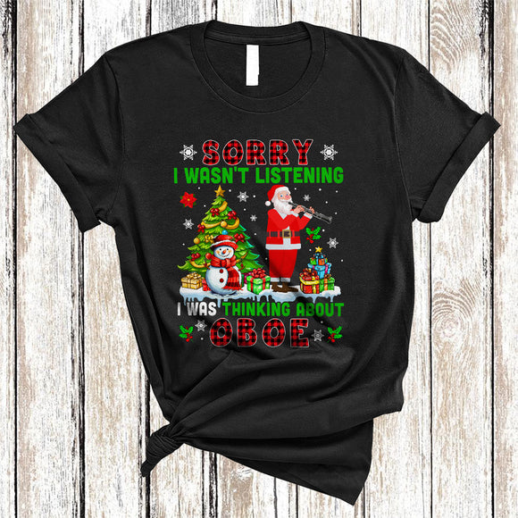 MacnyStore - Sorry I Was Thinking About Oboe, Cool Plaid Christmas Santa Playing Oboe, X-mas Tree T-Shirt