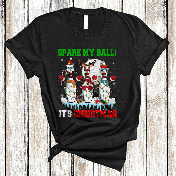 MacnyStore - Spare My Ball It's Christmas, Adorable Cute Santa Reindeer ELF Bowling, X-mas Lights Snow T-Shirt