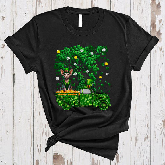 MacnyStore - Sphynx Cat On Green Pickup Truck, Lovely St. Patrick's Day Shamrock Tree, Lucky Irish Group T-Shirt