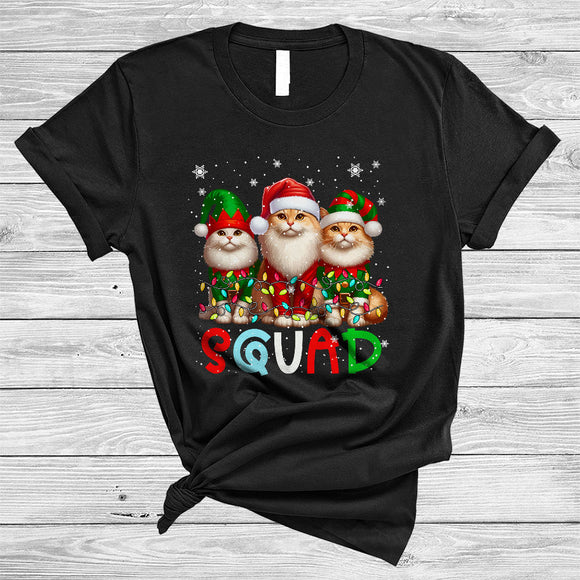MacnyStore - Squad, Amazing Cute Christmas Three ELF Santa Cat, X-mas Lights Animal Lover Group T-Shirt
