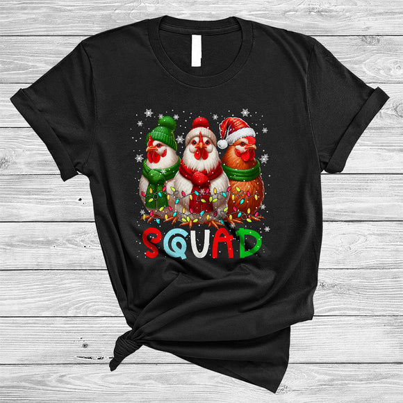 MacnyStore - Squad, Amazing Cute Christmas Three ELF Santa Chicken, X-mas Lights Farmer Lover Group T-Shirt