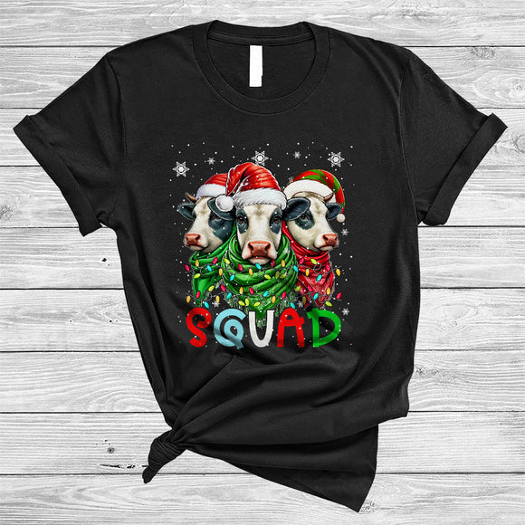 MacnyStore - Squad, Amazing Cute Christmas Three ELF Santa Cow, X-mas Lights Farmer Lover Group T-Shirt