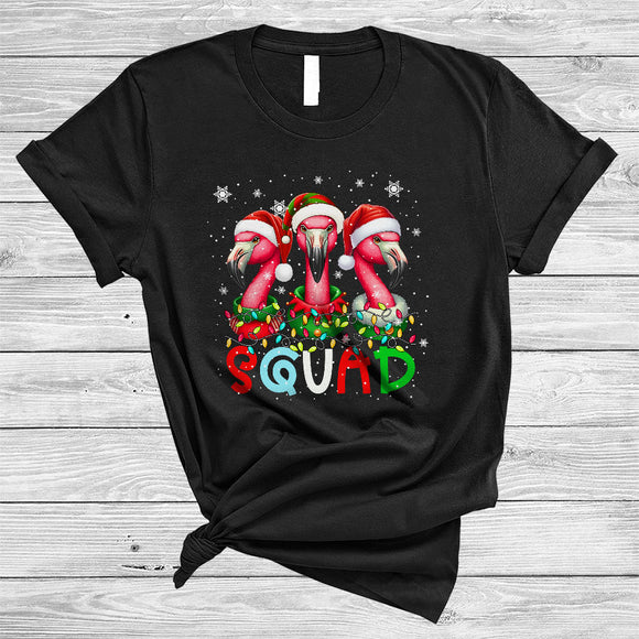 MacnyStore - Squad, Amazing Cute Christmas Three ELF Santa Flamingo, X-mas Lights Animal Lover Group T-Shirt