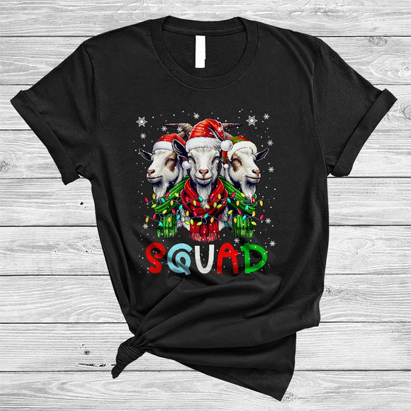MacnyStore - Squad, Amazing Cute Christmas Three ELF Santa Goat, X-mas Lights Farmer Lover Group T-Shirt