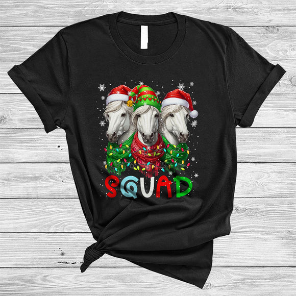 MacnyStore - Squad, Amazing Cute Christmas Three ELF Santa Horse, X-mas Lights Farmer Lover Group T-Shirt