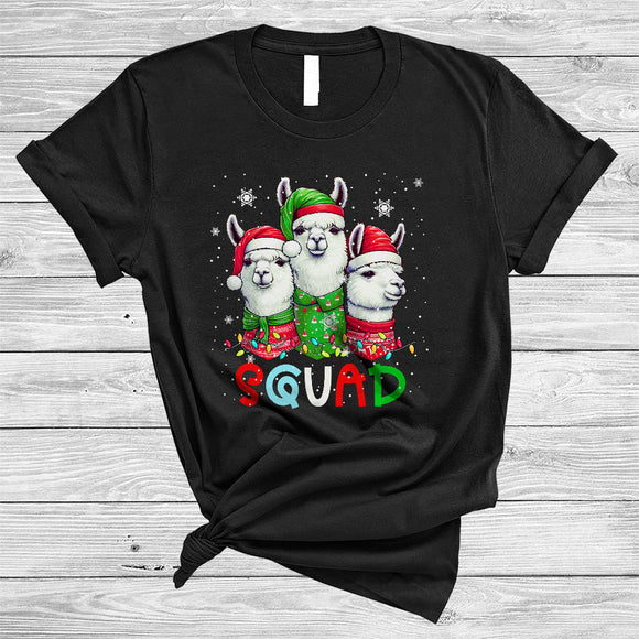 MacnyStore - Squad, Amazing Cute Christmas Three ELF Santa Llama, X-mas Lights Animal Lover Group T-Shirt