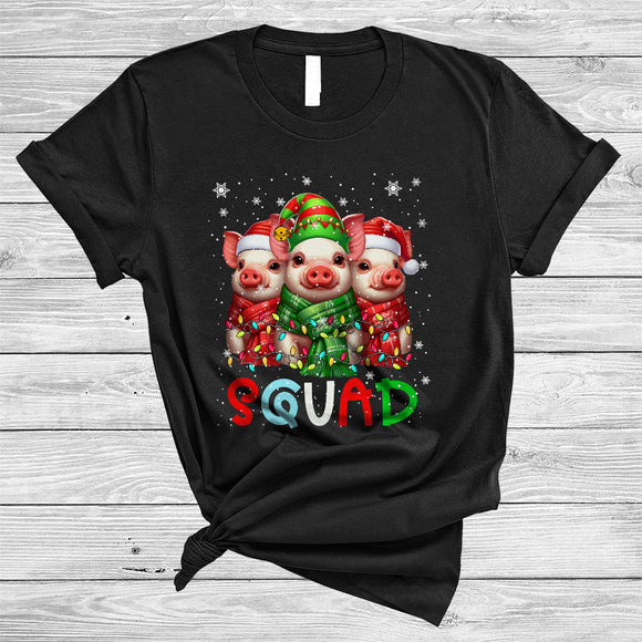 MacnyStore - Squad, Amazing Cute Christmas Three ELF Santa Pig, X-mas Lights Farmer Lover Group T-Shirt