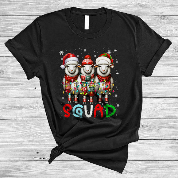 MacnyStore - Squad, Amazing Cute Christmas Three ELF Santa Sheep, X-mas Lights Farmer Lover Group T-Shirt