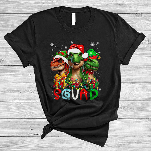 MacnyStore - Squad, Amazing Cute Christmas Three ELF Santa T-Rex, X-mas Lights Dinosaur Lover Group T-Shirt