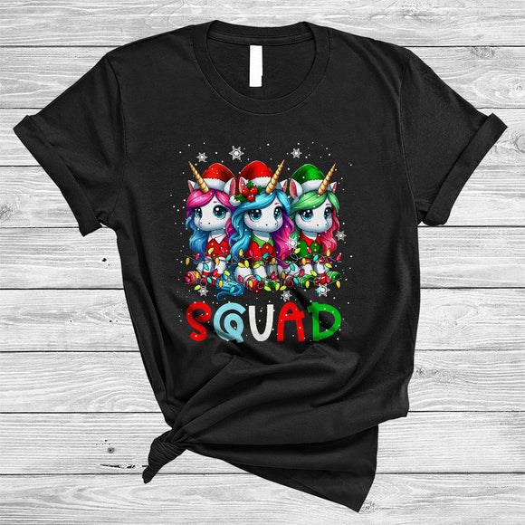 MacnyStore - Squad, Amazing Cute Christmas Three ELF Santa Unicorn, X-mas Lights Unicorn Lover Group T-Shirt