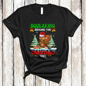 MacnyStore - Squeaking Around The Christmas Tree, Lovely Funny Santa Squirrel, X-mas Tree Snow Around T-Shirt