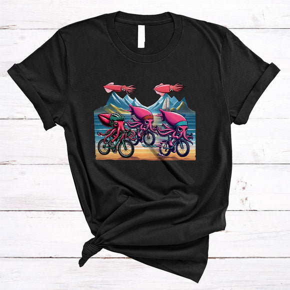MacnyStore - Squid Riding Bicycle, Humorous Sea Animal Lover, Bicycle Riding Friends Family Group T-Shirt