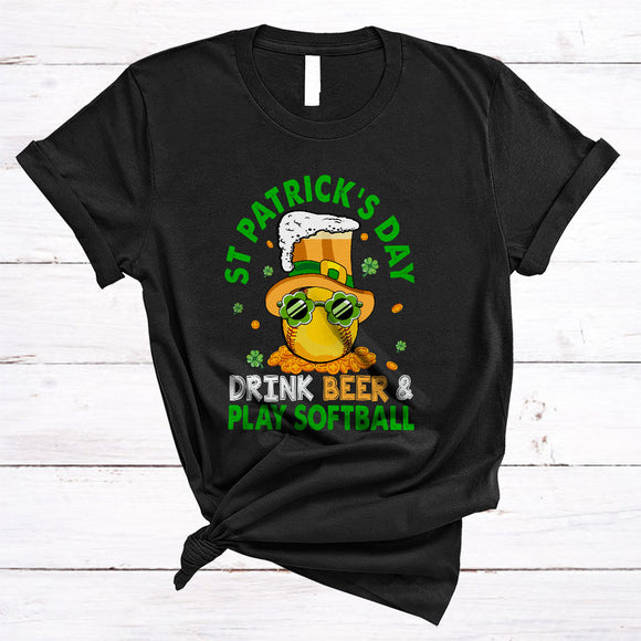 MacnyStore - St Patrick's Day Drink Beer And Play Softball, Cheerful Leprechaun Softball Player, Family Group T-Shirt