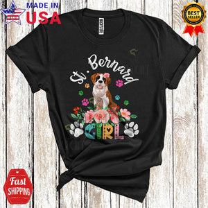 MacnyStore - St. Bernard Girl Cute Happy Mother's Day Flowers Paws Matching Family Group T-Shirt