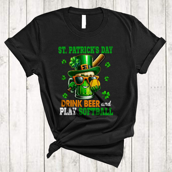 MacnyStore - St. Patrick's Day Drink Beer Play Softball, Humorous Drinking Drunker, Shamrock Sport Player T-Shirt