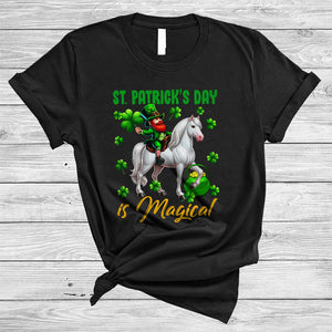 MacnyStore - St. Patrick's Day Is Magical, Joyful St. Patrick's Day Leprechaun Riding Horse, Shamrock Farmer T-Shirt