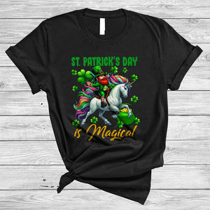 MacnyStore - St. Patrick's Day Is Magical, Joyful St. Patrick's Day Leprechaun Riding Unicorn Lover, Shamrock T-Shirt