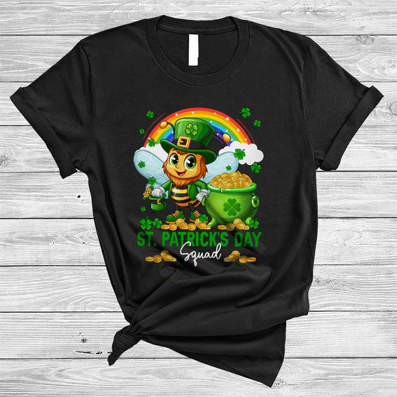 MacnyStore - St. Patrick's Day Squad, Lovely Bee With Gold Pot Shamrock Rainbow, Insects Animal Lover T-Shirt