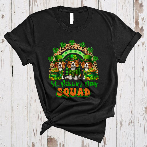MacnyStore - St. Patrick's Day Squad, Lovely Three Leprechaun Beagle With Leopard Rainbow, Irish Shamrock T-Shirt