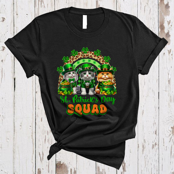 MacnyStore - St. Patrick's Day Squad, Lovely Three Leprechaun Cat With Leopard Rainbow, Irish Shamrock T-Shirt