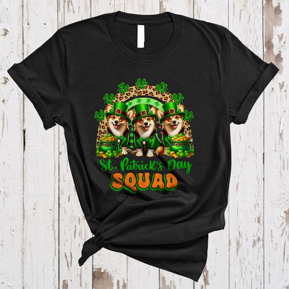 MacnyStore - St. Patrick's Day Squad, Lovely Three Leprechaun Corgi With Leopard Rainbow, Irish Shamrock T-Shirt