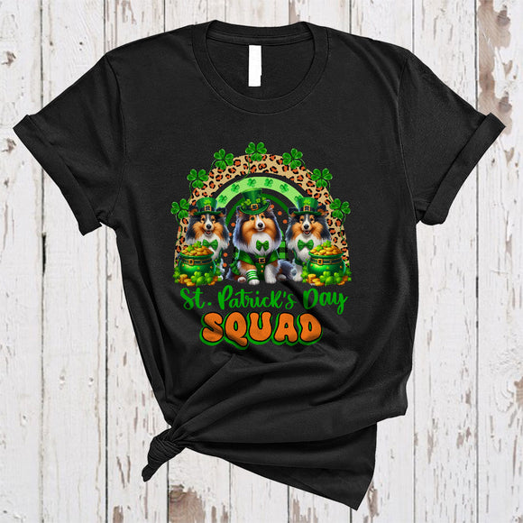 MacnyStore - St. Patrick's Day Squad, Lovely Three Leprechaun Sheltie With Leopard Rainbow, Irish Shamrock T-Shirt