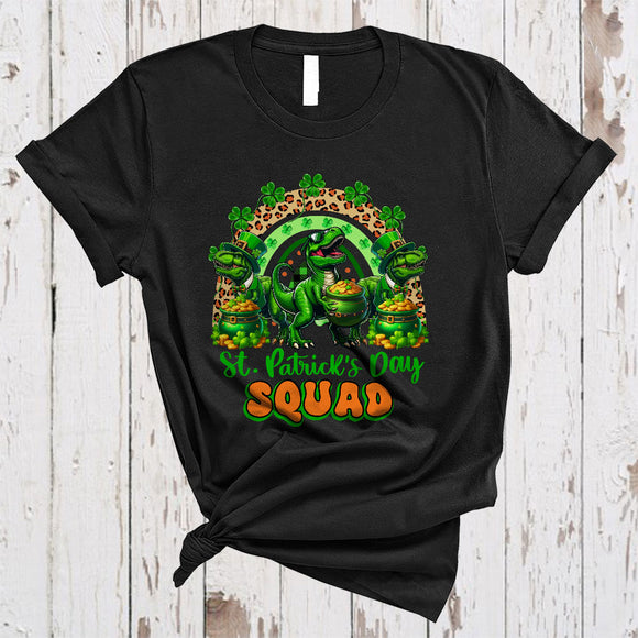 MacnyStore - St. Patrick's Day Squad, Lovely Three Leprechaun T-Rex With Leopard Rainbow, Irish Shamrock T-Shirt