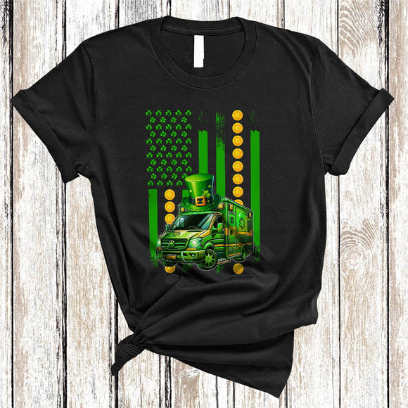 MacnyStore - St. Patrick's Day US Flag Ambulance, Proud St. Patrick's Day Shamrock, Ambulance Driver Lover T-Shirt