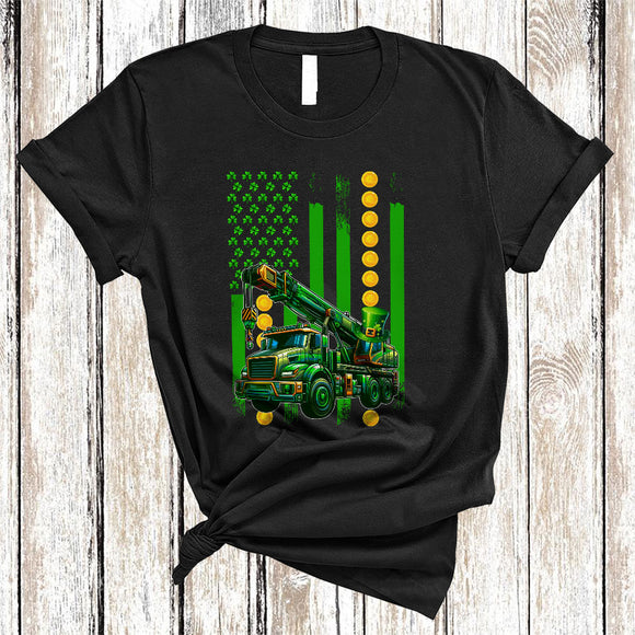 MacnyStore - St. Patrick's Day US Flag Crane Truck, Proud St. Patrick's Day Shamrock, Crane Truck Driver Lover T-Shirt